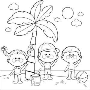 Kolorowanka dzieci witają wakacje na plaży